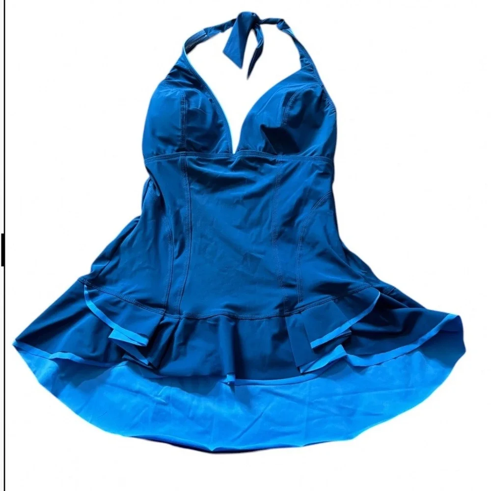Profile by Gottex Blue Ruffled Peplum‎ Halter Tankini Top Size 8 23121B88